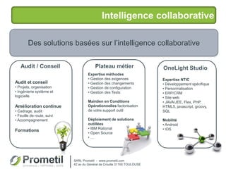 Expertise méthodes
• Gestion des exigences
• Gestion des changements
• Gestion de configuration
• Gestion des Tests
Maintien en Conditions
Opérationnelles factorisation
de votre support outil
Déploiement de solutions
outillées
• IBM Rational
• Open Source
• …
Intelligence collaborative
Expertise NTIC
• Développement spécifique
• Personnalisation
• ERP/CRM
• Site web
• JAVA/JEE, Flex, PHP,
HTML5, javascript, groovy,
SQL
Mobilité
• Android
• iOS
Audit et conseil
• Projets, organisation
• Ingénierie système et
logicielle
Amélioration continue
• Cadrage, audit
• Feuille de route, suivi
• Accompagnement
Formations
OneLight StudioPlateau métierAudit / Conseil
Des solutions basées sur l’intelligence collaborative
SARL Prometil - www.prometil.com
42 av du Général de Croutte 31100 TOULOUSE
 