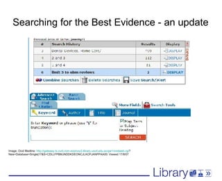 Searching for the Best Evidence - an update Image: Ovid Medline:  http://gateway.tx.ovid.com.ezproxy2.library.usyd.edu.au/gw1/ovidweb.cgi ? New+Database=Single|17&S=CDLLFPBMJNDDKDEONCJLACPJANPPAA00: Viewed 17/8/07 