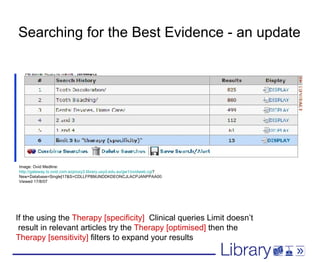 Searching for the Best Evidence - an update If the using the  Therapy [specificity]   Clinical queries Limit doesn’t  result in relevant articles try the  Therapy [optimised]  then the  Therapy [sensitivity]  filters to expand your results Image: Ovid Medline:  http://gateway.tx.ovid.com.ezproxy2.library.usyd.edu.au/gw1/ovidweb.cgi ? New+Database=Single|17&S=CDLLFPBMJNDDKDEONCJLACPJANPPAA00: Viewed 17/8/07 