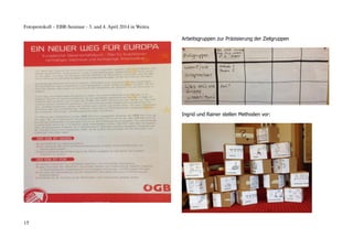 Fotoprotokoll – EBR-Seminar - 3. und 4. April 2014 in Weitra
Arbeitsgruppen zur Präzisierung der Zielgruppen
Ingrid und Rainer stellen Methoden vor:
15
 