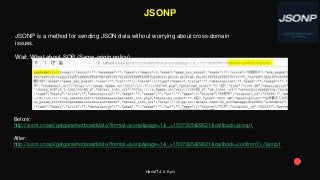 HackIT 4.0, Kyiv
JSONP
JSONP is a method for sending JSON data without worrying about cross-domain
issues.
Wait, What about SOP (Same-origin policy).
Before:
http://a.sm.cn/api/getgamehotboarddata?format=jsonp&page=1&_=1537365429621&callback=jsonp1
After:
http://a.sm.cn/api/getgamehotboarddata?format=jsonp&page=1&_=1537365429621&callback=confirm(1);//jsonp1
 