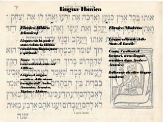 Laura Daddi
Lingua Ebraica
EbraicoBiblicoEbraicoBiblico
(classico)(classico)
EbraicoModernoEbraicoModerno
• Linguaufficialedello
StatodiIsraele
• Conta7milionidi
locutori, terzalingua
semiticadopoAraboe
Aramico
• Influenzedaaltrelingue
moderne
• Linguaconlaqualeè
stataredattalaBibbia,
consideratalinguapura
espirituale
• Nasce
convenzionalmentenel
1300a.c.
• Linguadi origine
semitica, dellastessa
famigliadell' Arabo,
Aramaico,Aramico,
TigrinoeMaltese
 