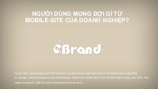 NGƯỜI DÙNG MONG ĐỢI GÌ TỪ
MOBILE-SITE CỦA DOANH NGHIỆP?

Nguồn http://www.google.com/think/research-studies/what-users-want-most-from-mobile-sites-today.html
[1] Google, Sterling Research and SmithGeiger, What Users Want Most From Mobile Sites Today, July 2012. The
report surveyed 1,088 US adult smartphone Internet users.

 