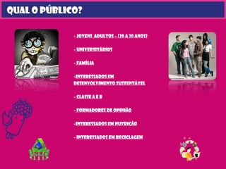 Qual o público?
- jovens adultos – (20 a 30 anos)
- universitários
- família
-Interessados em
desenvolvimento sustentável
- classe a e b
- formadores de opinião
-Interessados em nutrição
- interessados em reciclagem
 