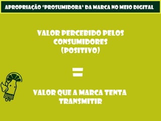 Valor percebido pelos
consumidores
(positivo)
=Valor que a marca tenta
transmitir
apropriação “prosumidora” da marca no meio digital
 
