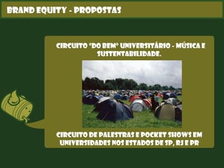 Brand Equity - Propostas
Circuito “Do Bem” Universitário - Música e
Sustentabilidade.
Circuito de palestras e pocket shows em
universidades nos estados de SP, RJ e PR
 