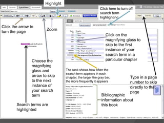 Highlight
                                                             Click here to turn off
                                                             search term
                                                             highlighting

Click the arrow to
                         Zoom
turn the page
                                                                 Click on the
                                                                 magnifying glass to
                                                                 skip to the first
                                                                 instance of your
                                                                 search term in a
                 Choose the                                      particular chapter
                 magnifying
                 glass and          The rank shows how often the
                                    search term appears in each
                 arrow to skip      chapter, the larger the gray bar,            Type in a page
                 to the next        the more frequently it appears               number to skip
                 instance of                                                     directly to that
                 your search                                                     page
                 term                                         Bibliographic
                                                              information about
        Search terms are                                      this book
        highlighted
 
