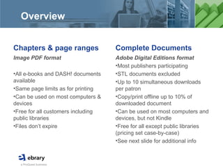 a ProQuest business
Overview
Chapters & page ranges
Image PDF format
•All e-books and DASH! documents
available
•Same page limits as for printing
•Can be used on most computers &
devices
•Free for all customers including
public libraries
•Files don’t expire
Complete Documents
Adobe Digital Editions format
•Most publishers participating
•STL documents excluded
•Up to 10 simultaneous downloads
per patron
•Copy/print offline up to 10% of
downloaded document
•Can be used on most computers and
devices, but not Kindle
•Free for all except public libraries
(pricing set case-by-case)
•See next slide for additional info
 