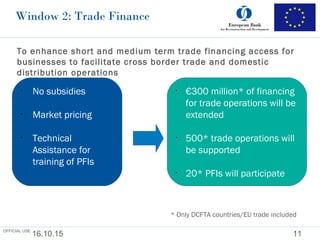 Window 2: Trade Finance
16.10.15 11
•
No subsidies
•
Market pricing
•
Technical
Assistance for
training of PFIs
•
€300 million* of financing
for trade operations will be
extended
•
500* trade operations will
be supported
•
20* PFIs will participate
To enhance short and medium term trade financing access for
businesses to facilitate cross border trade and domestic
distribution operations
* Only DCFTA countries/EU trade included
OFFICIAL USE
 