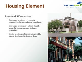 Housing Element

Recognizes EBR’s urban future
 – Encourages new types of ownership
   opportunities for non-traditional home buyers
 – Encourages housing supply to meet needs
   across the income spectrum for future
   generations
 – Creates housing conditions to attract middle
   income families to the Southern Sector




                                                   71
 