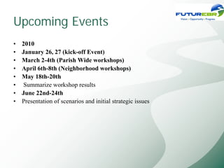 Upcoming Events
•   2010
•   January 26, 27 (kick-off Event)
•   March 2-4th (Parish Wide workshops)
•   April 6th-8th (Neighborhood workshops)
•   May 18th-20th
•   Summarize workshop results
•   June 22nd-24th
•   Presentation of scenarios and initial strategic issues
 