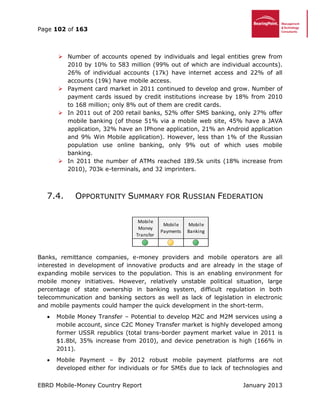 Page 102 of 163
EBRD Mobile-Money Country Report January 2013
 Number of accounts opened by individuals and legal entities grew from
2010 by 10% to 583 million (99% out of which are individual accounts).
26% of individual accounts (17k) have internet access and 22% of all
accounts (19k) have mobile access.
 Payment card market in 2011 continued to develop and grow. Number of
payment cards issued by credit institutions increase by 18% from 2010
to 168 million; only 8% out of them are credit cards.
 In 2011 out of 200 retail banks, 52% offer SMS banking, only 27% offer
mobile banking (of those 51% via a mobile web site, 45% have a JAVA
application, 32% have an IPhone application, 21% an Android application
and 9% Win Mobile application). However, less than 1% of the Russian
population use online banking, only 9% out of which uses mobile
banking.
 In 2011 the number of ATMs reached 189.5k units (18% increase from
2010), 703k e-terminals, and 32 imprinters.
7.4. OPPORTUNITY SUMMARY FOR RUSSIAN FEDERATION
Banks, remittance companies, e-money providers and mobile operators are all
interested in development of innovative products and are already in the stage of
expanding mobile services to the population. This is an enabling environment for
mobile money initiatives. However, relatively unstable political situation, large
percentage of state ownership in banking system, difficult regulation in both
telecommunication and banking sectors as well as lack of legislation in electronic
and mobile payments could hamper the quick development in the short-term.
 Mobile Money Transfer – Potential to develop M2C and M2M services using a
mobile account, since C2C Money Transfer market is highly developed among
former USSR republics (total trans-border payment market value in 2011 is
$1.8bl, 35% increase from 2010), and device penetration is high (166% in
2011).
 Mobile Payment – By 2012 robust mobile payment platforms are not
developed either for individuals or for SMEs due to lack of technologies and
Mobile
Money
Transfer
Mobile
Payments
Mobile
Banking
 
