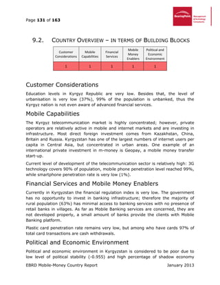Page 131 of 163
EBRD Mobile-Money Country Report January 2013
9.2. COUNTRY OVERVIEW – IN TERMS OF BUILDING BLOCKS
Customer
Considerations
Mobile
Capabilities
Financial
Services
Mobile
Money
Enablers
Political and
Economic
Environment
1 1 1 1 1
Customer Considerations
Education levels in Kyrgyz Republic are very low. Besides that, the level of
urbanisation is very low (37%), 99% of the population is unbanked, thus the
Kyrgyz nation is not even aware of advanced financial services.
Mobile Capabilities
The Kyrgyz telecommunication market is highly concentrated; however, private
operators are relatively active in mobile and internet markets and are investing in
infrastructure. Most direct foreign investment comes from Kazakhstan, China,
Britain and Russia. Kyrgyzstan has one of the largest numbers of internet users per
capita in Central Asia, but concentrated in urban areas. One example of an
international private investment in m-money is Geopay, a mobile money transfer
start-up.
Current level of development of the telecommunication sector is relatively high: 3G
technology covers 90% of population, mobile phone penetration level reached 99%,
while smartphone penetration rate is very low (1%).
Financial Services and Mobile Money Enablers
Currently in Kyrgyzstan the financial regulation index is very low. The government
has no opportunity to invest in banking infrastructure; therefore the majority of
rural population (63%) has minimal access to banking services with no presence of
retail banks in villages. As far as Mobile Banking services are concerned, they are
not developed properly, a small amount of banks provide the clients with Mobile
Banking platform.
Plastic card penetration rate remains very low, but among who have cards 97% of
total card transactions are cash withdrawals.
Political and Economic Environment
Political and economic environment in Kyrgyzstan is considered to be poor due to
low level of political stability (-0.955) and high percentage of shadow economy
 
