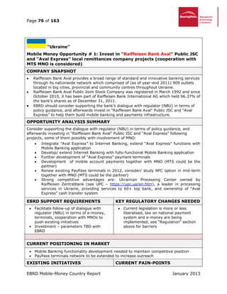 Page 76 of 163
EBRD Mobile-Money Country Report January 2013
“Ukraine”
Mobile Money Opportunity # 1: Invest in "Raiffeisen Bank Aval" Public JSC
and “Aval Express” local remittances company projects (cooperation with
MTS MNO is considered)
COMPANY SNAPSHOT
 Raiffeisen Bank Aval provides a broad range of standard and innovative banking services
through its nationwide network which comprised of (as of year-end 2011) 909 outlets
located in big cities, provincial and community centres throughout Ukraine.
 Raiffeisen Bank Aval Public Joint Stock Company was registered in March 1992 and since
October 2010, it has been part of Raiffeisen Bank International AG which held 96.37% of
the bank’s shares as of December 31, 2011.
 EBRD should consider supporting the bank’s dialogue with regulator (NBU) in terms of
policy guidance, and afterwards invest in "Raiffeisen Bank Aval" Public JSC and “Aval
Express” to help them build mobile banking and payments infrastructure.
OPPORTUNITY ANALYSIS SUMMARY
Consider supporting the dialogue with regulator (NBU) in terms of policy guidance, and
afterwards investing in "Raiffeisen Bank Aval" Public JSC and “Aval Express” following
projects, some of them possibly with involvement of MNO:
 Integrate “Aval Express” to Internet Banking, extend “Aval Express” functions with
Mobile Banking application
 Develop/ extend Internet Banking with fully-functional Mobile Banking application
 Further development of “Aval Express” payment terminals
 Development of mobile account payments together with MNO (MTS could be the
partner)
 Renew existing PayPass terminals in 2012, consider/ study NFC option in mid-term
together with MNO (MTS could be the partner)
 Strong competitive advantages are: Ukrainian Processing Center owned by
Raiffeisen Zentralbank (see UPC – https://upc.ua/en.htm), a leader in processing
services in Ukraine, providing services to 60+ top bank, and ownership of “Aval
Express” cash transfer system
EBRD SUPPORT REQUIREMENTS KEY REGULATORY CHANGES NEEDED
 Facilitate follow-up of dialogue with
regulator (NBU) in terms of e-money,
terminals, cooperation with MNOs to
push existing initiatives
 Investment – parameters TBD with
EBRD
 Current legislation is more or less
liberalised, law on national payment
system and e-money are being
implemented, see “Regulation” section
above for barriers
CURRENT POSITIONING IN MARKET
 Mobile Banking functionality development needed to maintain competitive position
 PayPass terminals network to be extended to increase outreach
EXISTING INITIATIVES CURRENT PAIN-POINTS
 