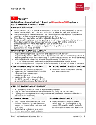 Page 95 of 163
EBRD Mobile-Money Country Report January 2013
“TURKEY”
Mobile Money Opportunity # 2: Invest in Mikro Odeme(MO), primary
micro-payments provider in Turkey
COMPANY SNAPSHOT
 Mikro Odeme is the first and by far the leading direct carrier billing company of Turkey
having partnered with all 3 operators in Turkey i.e. Avea, Turkcell, and Vodafone.
 Founded in 2008, it has capitalised on the rapid smartphone penetration by providing
merchants and consumers with micro-payment services
 Mikro Odeme is a privately owned firm based in Istanbul, Turkey.
 Zynga, the global pioneer in social gaming, is one of many merchants who has chosen
Mikro Odeme as the local strategic partner and enjoys MO’s end-to-end micro
transactions solution which has captured 65% of the market.
 EBRD could help MO achieve scale and potentially target Turkey’s 60 million
subscriptions for micro-payments
OPPORTUNITY ANALYSIS SUMMARY
 Helping MO strengthen its capabilities and reach in Turkish Republic
 Huge market potential – Minimal mobile device requirements and partnership with all 3
mobile operators allows MO to service up to 60 million subscriptions for micro-payments
 Assisting MO to be universally accepted could speed up the ROI process
o By negotiating with international merchants entering the Turkish market
 By encouraging domestic companies and municipalities to accept this mode of payment
EBRD SUPPORT REQUIREMENTS KEY REGULATORY CHANGES NEEDED
 Investment for increasing scalability
 Investment for International expansion
– Turkmenistan, Kazakhstan,
Azerbaijan, Ukraine
 Investment for improving marketing
 Use EBRD network to connect MO with
large merchants entering Turkish market
 Guidelines and framework for eMoney
and M-Money required
CURRENT POSITIONING IN MARKET
 MO owns 65% of market share in mobile micro-payments.
 Only MO has the mobile wallet capability while not being backed by a bank
 Tapping into the payment of virtual goods market given rapid rise of social networks
and online/mobile gaming
EXISTING INITIATIVES CURRENT PAIN-POINTS
 Offers mobile micro-payment services
enabling consumers to pay via mobile
phones i.e. carrier billing (pre-paid and
post-paid)
 Currently it provides micro-payment
options on mobiles, credit cards and
 Consumers do not want to provide
debit/credit card details online or on
mobile. MO provides a safer option for
consumers to conduct micro-payments
 