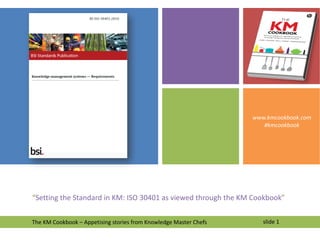“Setting the Standard in KM: ISO 30401 as viewed through the KM Cookbook”
slide 1The KM Cookbook – Appetising stories from Knowledge Master Chefs
www.kmcookbook.com
#kmcookbook
 