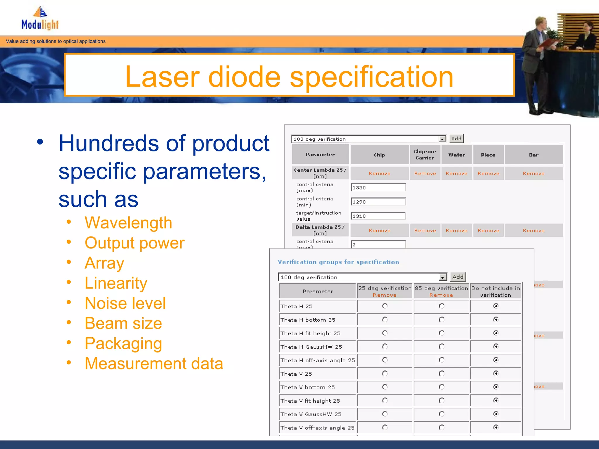 Laser diode specification Hundreds of product specific parameters, such as Wavelength Output power Array Linearity Noise level Beam size Packaging Measurement data 