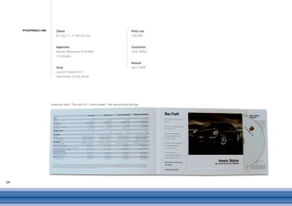 Client                                                     Print run
        Dr. Ing. h.c. F. Porsche AG                                100,000


        Agencies                                                   Countries
        Bassier, Bergmann & Kindler                                USA, EMEA
        Chromedia

                                                                   Period
        Goal                                                       April 2008
        Launch Porsche 911
        Generation of test drives




     Hardcover book “The new 911 Carrera model” with personalised eBridge




34
 