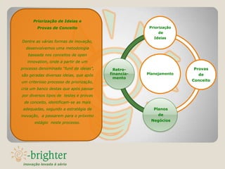 Priorização de Ideias e
        Provas de Conceito                            Priorização
                                                          de
                                                        Ideias
Dentre as várias formas de inovação,
  desenvolvemos uma metodologia
   baseada nos conceitos de open
   innovation, onde a partir de um
processo denominado “funil de ideias”,     Retro-                   Provas
são geradas diversas ideias, que após    financia-   Planejamento     de
                                           mento
um criterioso processo de priorização,                              Conceito

cria um banco destas que após passar
por diversos tipos de testes e provas
 de conceito, identificam-se as mais
 adequadas, segundo a estratégia de                     Planos
inovação, a passarem para o próximo                       de
                                                      Negócios
       estágio neste processo.




 inovação levada à sério
 