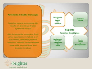 Ferramenta de Gestão da Inovação
                                          Ferramenta
                                              de                    Incentivos
                                            Gestão                    Fiscais
                                               da
Possuímos parceria com empresa líder       Inovação
   mundial em ferramentas de apoio
         e gestão da inovação.
                                                        Suporte
                                                  Parceiros Estratégicos
Além de representar a mesma no Brasil,
somos capacitados em implantá-la em
  sua empresa, conduzindo processos       Workshops,
                                                                       Novos
                                            Geração
                                                                       meios
internos ou treinando a própria empresa   e Avaliação
                                                                         de
                                               de
  possa cuidar da condução de seus                                 Financiamento
                                             Ideias

         processos inovativos.




  inovação levada à sério
 