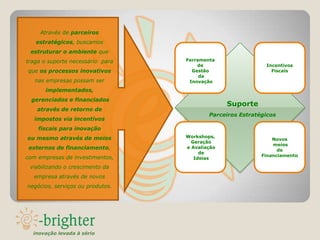 Através de parceiros
   estratégicos, buscamos
 estruturar o ambiente que
traga o suporte necessário para   Ferramenta
                                      de                    Incentivos
que os processos inovativos         Gestão                    Fiscais
                                       da
   nas empresas possam ser         Inovação
      implementados,
  gerenciados e financiados
                                                Suporte
    através de retorno de
                                          Parceiros Estratégicos
   impostos via incentivos
    fiscais para inovação
ou mesmo através de meios         Workshops,
                                                               Novos
                                    Geração
                                                               meios
 externos de financiamento,       e Avaliação
                                                                 de
                                       de
com empresas de investimentos,                             Financiamento
                                     Ideias

 viabilizando o crescimento da
  empresa através de novos
negócios, serviços ou produtos.




  inovação levada à sério
 