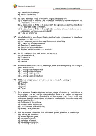 GOBIERNO REGIONAL DE LIMA
Dirección Regional de Educación Lima Provincias
c) Comunicativa/simbólica.
d) Social/comunicativa.
66. La teoría de Piaget sobre el desarrollo cognitivo sostiene que:
a) El aprendizaje es fruto de una adaptación constante al mundo interior de los
procesos de asimilación.
b) El aprendizaje es fruto de la adquisición de experiencias del mundo exterior
por los procesos de asimilación.
c) El aprendizaje es fruto de la adaptación constante al mundo exterior por los
procesos de asimilación y acomodación.
d) Todas las anteriores.
67. Ausubel sostiene que el aprendizaje significativo se logra cuando el estudiante
relaciona …… con ………
a) Los nuevos conocimientos/ los anteriormente adquiridos
b) La experiencia/el pensamiento.
c) Su entorno/conocimientos.
d) Conocimientos/pensamiento.
e) Saberes previos/nuevos conocimientos.
68. La dificultad específica en la lectura se denomina:
a) Disgrafía musical.
b) Kinestésica.
c) Discalculia.
d) Dislexia.
69. Cuando el niño diseña, dibuja, construye, crea, sueña despierto y mira dibujos,
pone de manifiesto:
a) La inteligencia interpersonal.
b) La inteligencia kinestésica.
c) La inteligencia espacial.
d) La inteligencia socio cultural.
70. El término categorización al referirse al aprendizaje, fue usado por:
a) Vygotski.
b) Bruner.
c) Ausbel.
d) Piaget.
71. En el proceso de Aprendizaje se dan tres pasos, primero es la recepción de la
información. Una vez que la información ha llegado al cerebro es necesario
entenderla, procesarla y almacenarla en la memoria, para luego emitir una
respuesta. Cuando hablamos de dificultades en alguno de estos procesos , nos
estamos refiriendo a:
a) Problemas de Aprendizaje.
b) Situaciones de Aprendizaje.
c) Oportunidades de Aprendizaje.
d) Proceso de Aprendizaje.
72. Las situaciones favorables que el docente genera, para que el aprendizaje
sea posible, se denomina:
a) Procesos psicológicos.
b) Procesos cognitivos.
c) Procesos mentales.
d) Procesos pedagógicos.
 