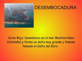 DESEMBOCADURA




 Curso Bajo: Desemboca en el mar Mediterráneo
(Cataluña) y forma un delta muy grande y famoso
            llamado el Delta del Ebro.
 