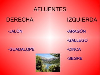 AFLUENTES
DERECHA               IZQUIERDA

-JALÓN                -ARAGÓN

                      -GALLEGO

-GUADALOPE            -CINCA

                      -SEGRE
 