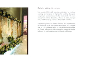 Celebrating in style

                           From once-in-a-lifetime job promotion celebrations to emotional
                           wedding anniversaries to high-profile wedding banquets,
                           everything is perfected down to the finest details. The room
                           arrangement, interior decoration, choices of fabric, banquet
                           menu, and the finishing touches – all tailored to perfection.

                           A leading-edge venue for timeless memories, the Grand Ballroom
                           accommodates up to 600 persons for cocktails, 400 banquet
                           style, or 550 in a theatre set-up. For a more intimate atmosphere,
                           the Grand Ballroom can be partitioned to create two smaller
                           ballrooms for small-scale reunions with friends and families.
Photo: © Fabrice Rambert
 