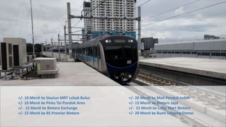 +/- 10 Menit ke Stasiun MRT Lebak Bulus
+/- 10 Menit ke Pintu Tol Pondok Aren
+/- 15 Menit ke Bintaro Exchange
+/- 15 Menit ke RS Premier Bintaro
+/- 20 Menit ke Mall Pondok Indah
+/- 15 Menit ke Bintaro Jaya
+/- 15 Menit ke Lotte Mart Bintaro
+/- 20 Menit ke Bumi Serpong Damai
 