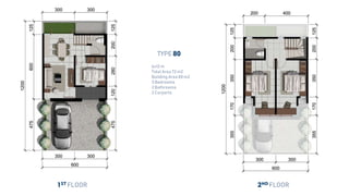 1ST FLOOR 2ND FLOOR
TYPE 80
6x12 m
Total Area 72 m2
Building Area 80 m2
3 Bedrooms
2 Bathrooms
2 Carports
 