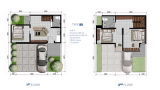 1ST FLOOR 2ND FLOOR
TYPE 80
8x10 m
Total Area 80 m2
Building Area 80 m2
3 Bedrooms
2 Bathrooms
2 Carports
 