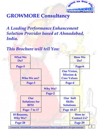 GROWMORE Consultancy

A Leading Performance Enhancement
Solution Provider based at Ahmadabad,
India.

This Brochure will tell You:
      What We                                                            How We
       Do?                                                                Do?

        Page-5                                                             Page-6
                                                           Our Vision,
                                                            Mission &
              Who We are?                                  Core Values
                    Page-3                                      Page-4

                                       Why We?
                                          Page-2
                   Our                                       Our Soft
               Solutions for                                   Skills
                  BFSI                                       Solutions
               Page- 7 to 17                                 Page 18-27
    10 Reasons,                                                          How to
     Why We?                                                           Contact Us?
       Page-28                                                            Page 29
  Created By: GROWMORE Content Development Team/ Copyright 2011, All rights reserved   1
 