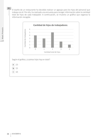 3838 A04-EBRP-113838 A04-EBRP-11
Nivel:Primaria
El dueño de un restaurante ha decidido realizar un agasajo para los hijos del personal que
trabaja con él. Por ello, ha realizado una encuesta para recoger información sobre la cantidad
total de hijos de cada trabajador. A continuación, se muestra un gráfico que organiza la
información recogida:
Según el gráfico, ¿cuántos hijos hay en total?
Cantidad total de hijos
0
0
1
2
3
4
5
6
1 2 3 4
Cantidaddetrabajadores Cantidad de hijos de trabajadores
45AA18_03_85
23
15
10
a
c
b
 