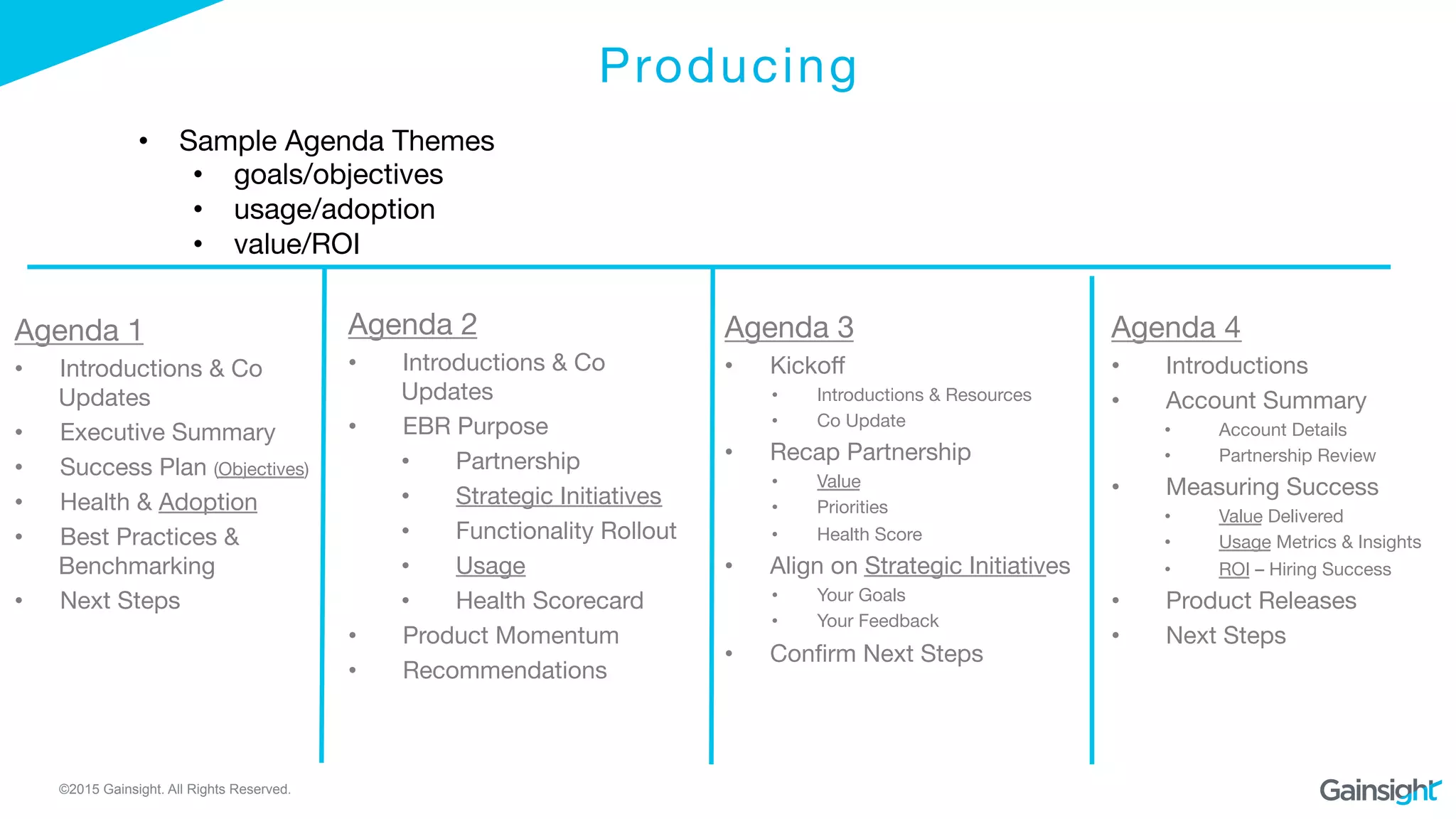©2015 Gainsight. All Rights Reserved.
Producing
•  Sample Agenda Themes
•  goals/objectives
•  usage/adoption
•  value/ROI
Agenda 1 
•  Introductions & Co
Updates
•  Executive Summary
•  Success Plan (Objectives)
•  Health & Adoption
•  Best Practices &
Benchmarking 
•  Next Steps
Agenda 2 
•  Introductions & Co
Updates 
•  EBR Purpose
•  Partnership
•  Strategic Initiatives
•  Functionality Rollout
•  Usage
•  Health Scorecard
•  Product Momentum
•  Recommendations
Agenda 3 
•  Kickoﬀ
•  Introductions & Resources
•  Co Update
•  Recap Partnership
•  Value 
•  Priorities
•  Health Score
•  Align on Strategic Initiatives
•  Your Goals
•  Your Feedback
•  Conﬁrm Next Steps
Agenda 4 
•  Introductions
•  Account Summary
•  Account Details
•  Partnership Review
•  Measuring Success
•  Value Delivered 
•  Usage Metrics & Insights
•  ROI – Hiring Success
•  Product Releases
•  Next Steps
 