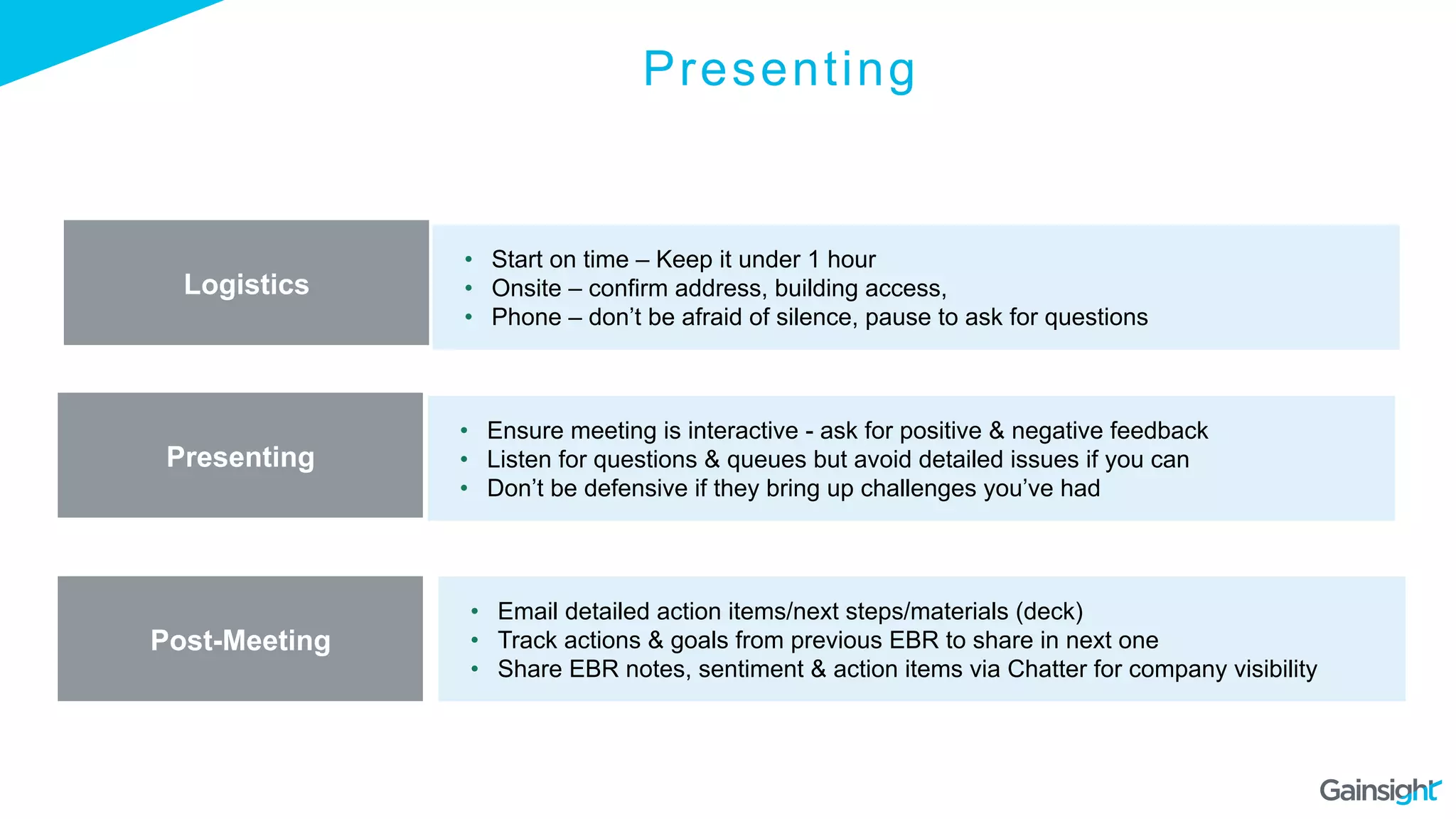 Presenting
Logistics
•  Start on time – Keep it under 1 hour
•  Onsite – confirm address, building access,
•  Phone – don’t be afraid of silence, pause to ask for questions
Presenting
•  Ensure meeting is interactive - ask for positive & negative feedback
•  Listen for questions & queues but avoid detailed issues if you can
•  Don’t be defensive if they bring up challenges you’ve had
Post-Meeting
•  Email detailed action items/next steps/materials (deck)
•  Track actions & goals from previous EBR to share in next one
•  Share EBR notes, sentiment & action items via Chatter for company visibility
 
