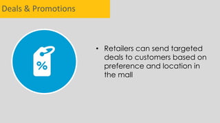 Deals & Promotions
• Retailers can send targeted
deals to customers based on
preference and location in
the mall
 