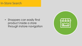 In-Store Search
• Shoppers can easily find
product inside a store
through instore navigation
 