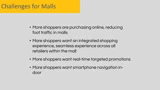 • More shoppers are purchasing online, reducing
foot traffic in malls
• More shoppers want an integrated shopping
experience, seamless experience across all
retailers within the mall
• More shoppers want real-time targeted promotions
• More shoppers want smartphone navigation in-
door
Challenges for Malls
 