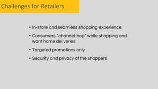 • In-store and seamless shopping experience
• Consumers “channel-hop” while shopping and
want home deliveries
• Targeted promotions only
• Security and privacy of the shoppers
Challenges for Retailers
 