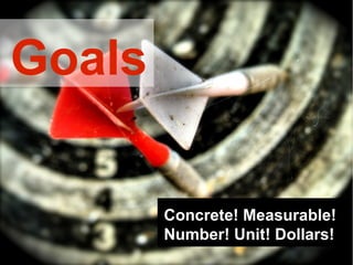 Goals

        Concrete! Measurable!
        Number! Unit! Dollars!
 