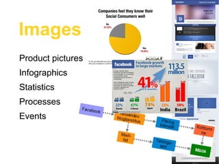 Images
Product pictures
Infographics
Statistics
Processes
Events
 