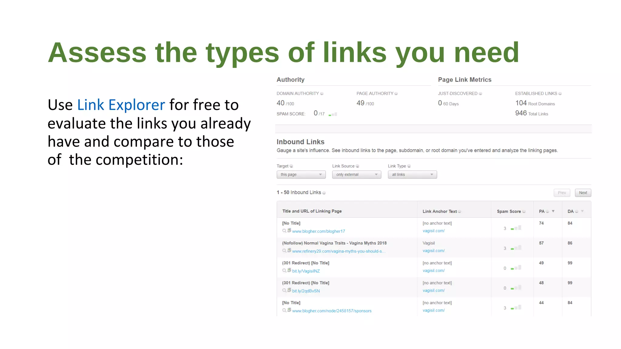 Assess the types of links you need
Use Link Explorer for free to
evaluate the links you already
have and compare to those
of the competition:
 