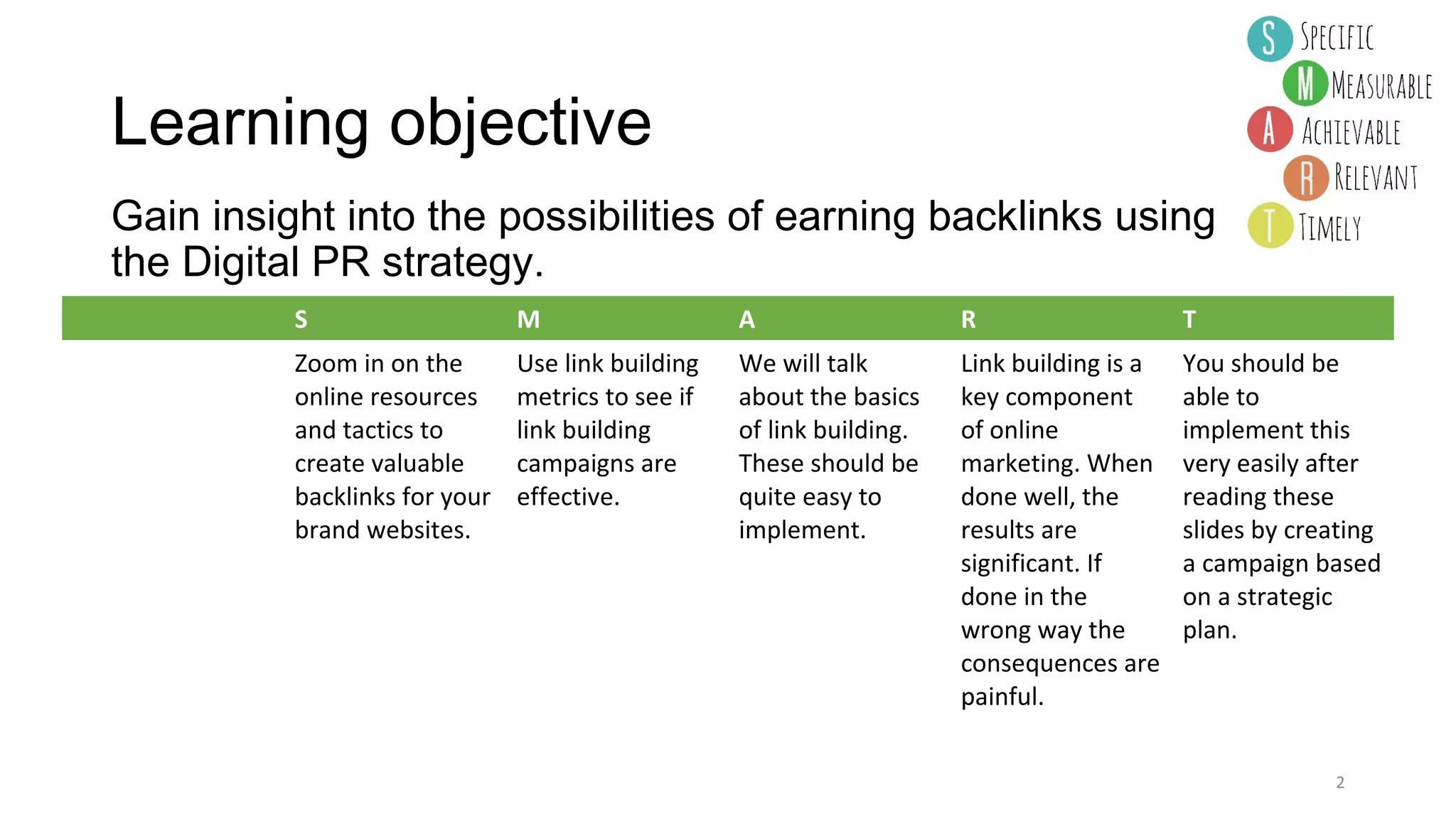 Learning objective
Gain insight into the possibilities of earning backlinks using
the Digital PR strategy.
S M A R T
Zoom in on the
online resources
and tactics to
create valuable
backlinks for your
brand websites.
Use link building
metrics to see if
link building
campaigns are
effective.
We will talk
about the basics
of link building.
These should be
quite easy to
implement.
Link building is a
key component
of online
marketing. When
done well, the
results are
significant. If
done in the
wrong way the
consequences are
painful.
You should be
able to
implement this
very easily after
reading these
slides by creating
a campaign based
on a strategic
plan.
2
 