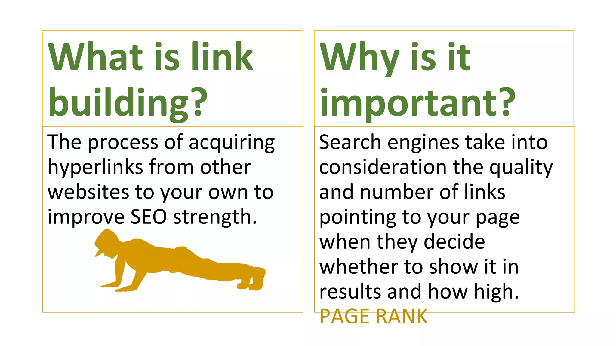 What is link
building?
The process of acquiring
hyperlinks from other
websites to your own to
improve SEO strength.
Why is it
important?
Search engines take into
consideration the quality
and number of links
pointing to your page
when they decide
whether to show it in
results and how high.
PAGE RANK
 