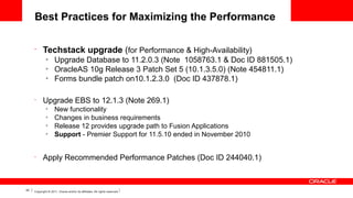 Best Practices for Maximizing the Performance
•

Techstack upgrade (for Performance & High-Availability)
Ø
Ø
Ø

•

Upgrade EBS to 12.1.3 (Note 269.1)
Ø
Ø
Ø
Ø

•

42

Upgrade Database to 11.2.0.3 (Note 1058763.1 & Doc ID 881505.1)
OracleAS 10g Release 3 Patch Set 5 (10.1.3.5.0) (Note 454811.1)
Forms bundle patch on10.1.2.3.0 (Doc ID 437878.1)

New functionality
Changes in business requirements
Release 12 provides upgrade path to Fusion Applications
Support - Premier Support for 11.5.10 ended in November 2010

Apply Recommended Performance Patches (Doc ID 244040.1)

Copyright © 2011, Oracle and/or its affiliates. All rights reserved.

 