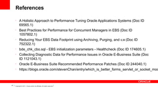 References
•

•

•

•
•

A Holistic Approach to Performance Tuning Oracle Applications Systems (Doc ID
69565.1)
Best Practices for Performance for Concurrent Managers in EBS (Doc ID
1057802.1)
Reducing Your EBS Data Footprint using Archiving, Purging, and
752322.1)

ILM (Doc

ID

bde_chk_cbo.sql - EBS initialization parameters - Healthcheck (Doc ID 174605.1)
Collecting Diagnostic Data for Performance Issues in Oracle E-Business Suite (Doc
ID 1121043.1)

•
•

47

Oracle E-Business Suite Recommended Performance Patches (Doc ID 244040.1)

https://blogs.oracle.com/stevenChan/entry/which_is_better_forms_servlet_or_socket_mod

Copyright © 2011, Oracle and/or its affiliates. All rights reserved.

 