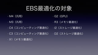 EBS最適化の対象
• M4（汎⽤）
• M3（汎⽤）
• C4（コンピューティング最適化）
• C3（コンピューティング最適化）
• X1（メモリ最適化）
• G2（GPU）
• R3（メモリ最適化）
• I2（ストレージ最適化）
• D2（ストレージ最適化）
 