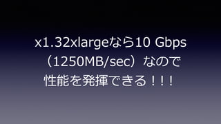 x1.32xlargeなら10 Gbps
（1250MB/sec）なので
性能を発揮できる！!！
 