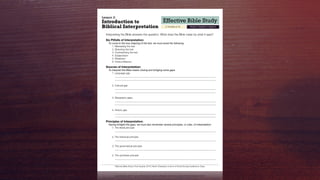 Effective Bible Study
2 Timothy 2:15 Read It, Explain It, Apply It
Introduction to 
Biblical Interpretation
Interpreting the Bible answers the question: What does the Bible mean by what it says?
Six Pitfalls of Interpretation:
To come to the true meaning of the text, we must avoid the following.
	 1.	Misreading the text
	 2. Distorting the text
	 3. Contradicting the text
	 4. Subjectivism
	 5. Relativism
	 6. Overconﬁdence
Sources of Interpretation:
To interpret the Bible means closing and bridging some gaps.
	 1. Language gap
	 	 __________________________________________________________________________________
	 	 __________________________________________________________________________________
	 2. Cultural gap
	 	 __________________________________________________________________________________
	 	 __________________________________________________________________________________
	 3. Geography gaps
	 	 __________________________________________________________________________________
	 	 __________________________________________________________________________________
	 4. History gap
	 	 __________________________________________________________________________________
	 	 __________________________________________________________________________________
Principles of Interpretation:
Having bridged the gaps, we must also remember several principles, or rules, of interpretation:
	 1. The literal principle
	 	 __________________________________________________________________________________
	 2. The historical principle
	 	 __________________________________________________________________________________
	 3. The grammatical principle
	 	 __________________________________________________________________________________
	 4. The synthesis principle
	 	 __________________________________________________________________________________
Effective Bible Study | First Quarter 2016 | North Charleston church of Christ Sunday Auditorium Class
Lesson 3:
 